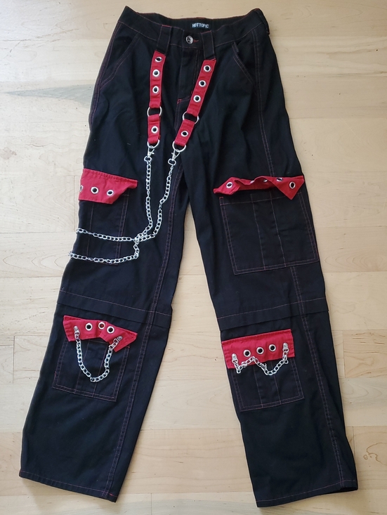 Hot Topic Denim - Hot Topic Black Cargo Pants with Red Accents and Chains Size 0